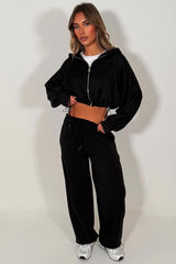 womens black oversized zip up crop hoodie and joggers tracksuit co ord set styledup 