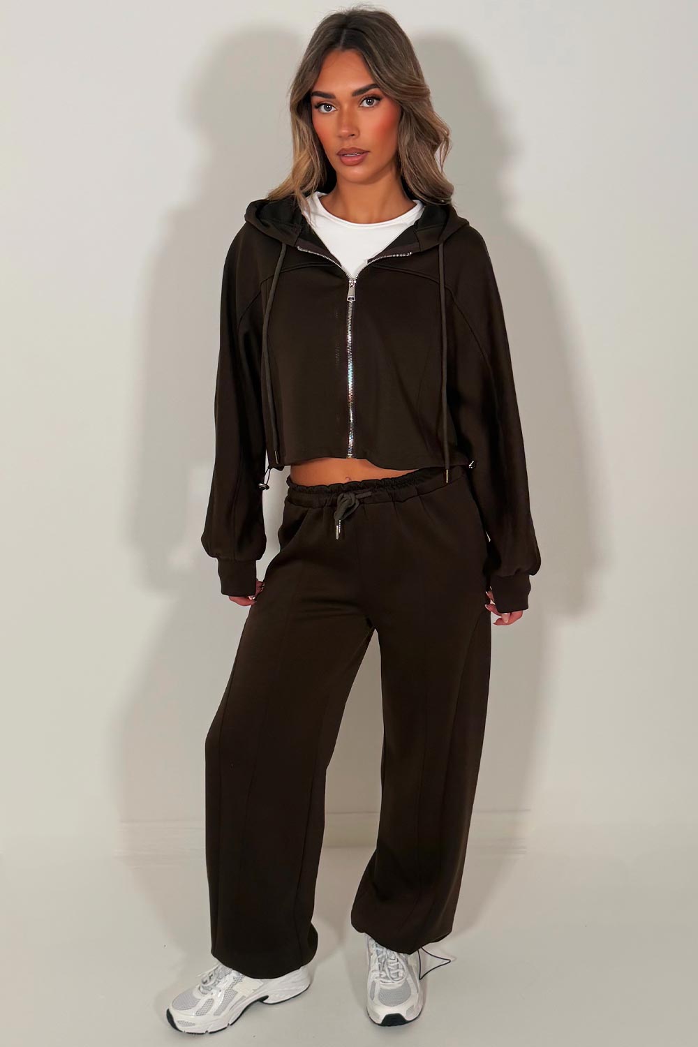 womens brown oversized joggers and crop zip up hoodie tracksuit co ord set styledup 