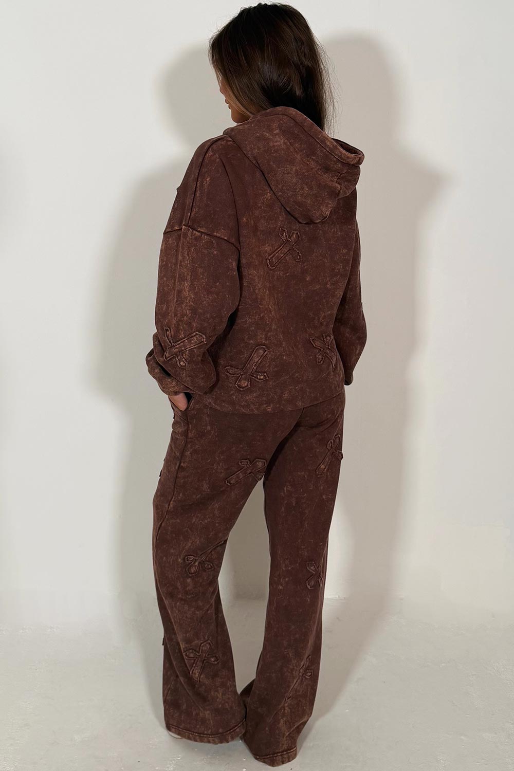 womens distressed cross hoodie and joggers set loungewear styled up