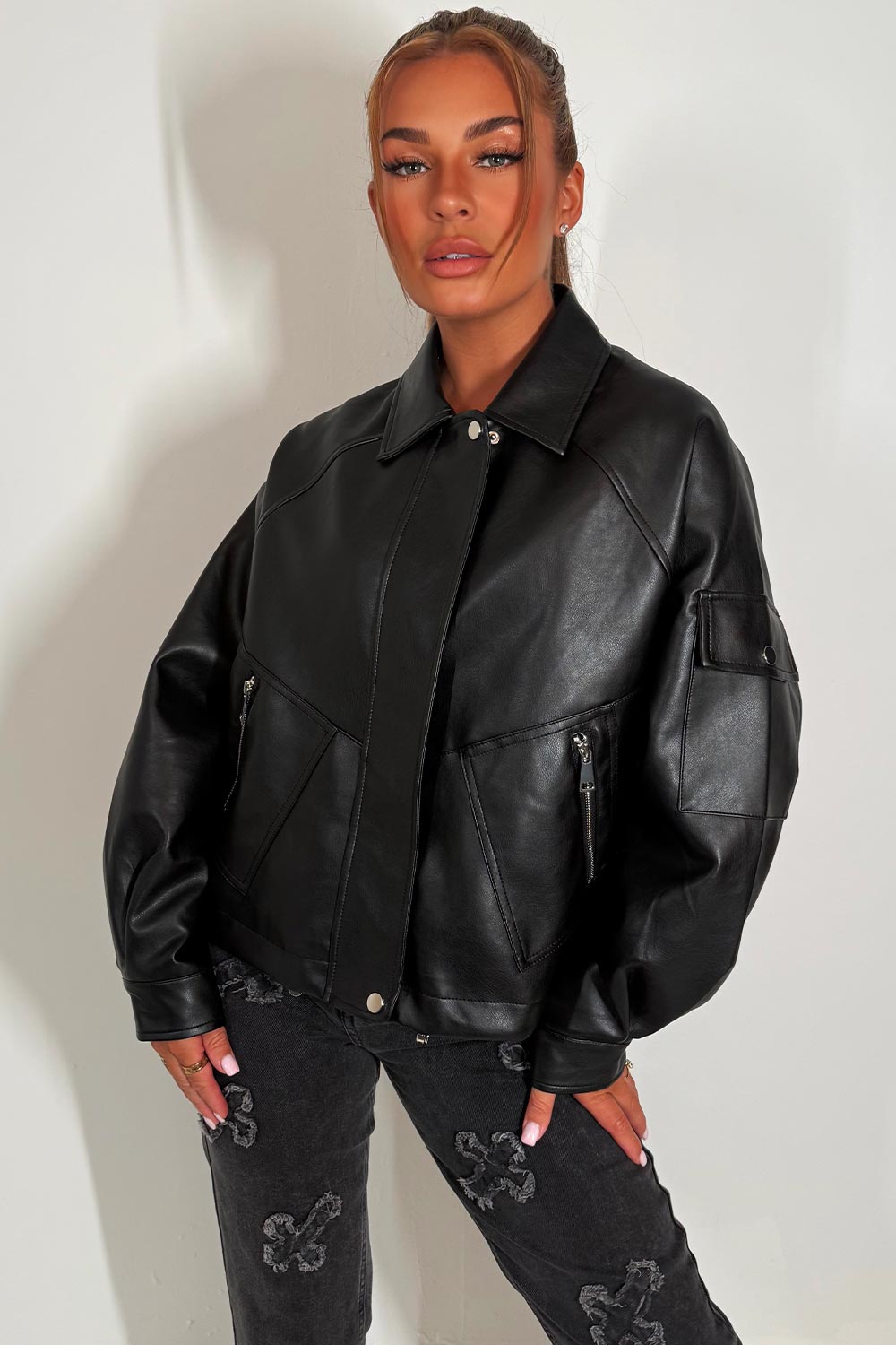 womens faux leather oversized jacket with collar zara uk