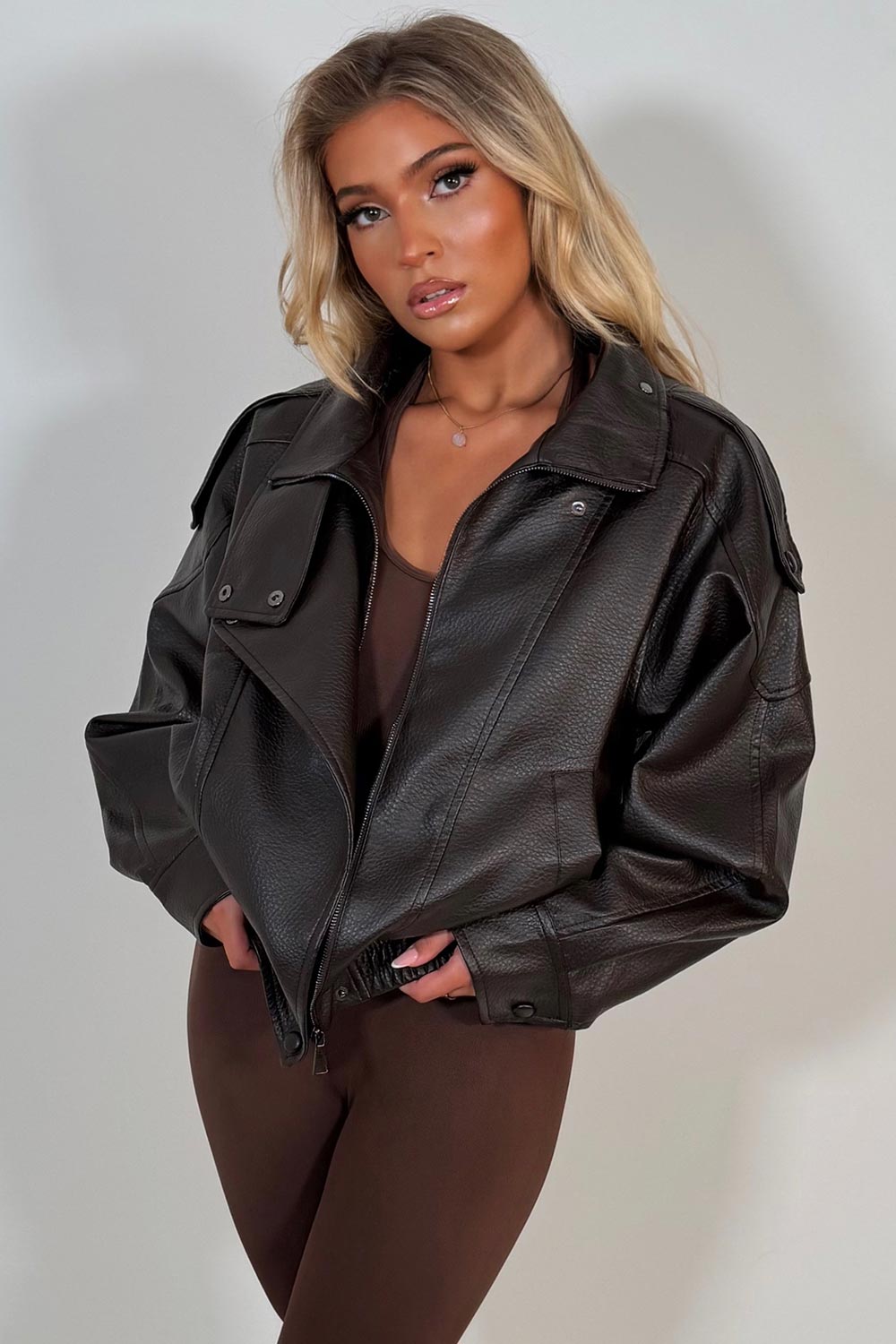 womens zara faux leather jacket with funnel neck 