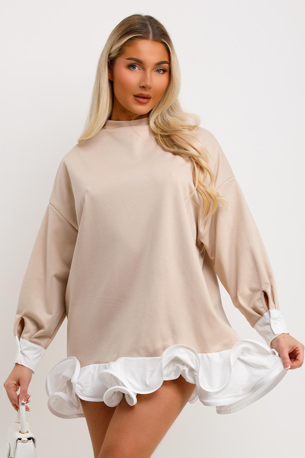womens oversized sweatshirt with frill hem and long sleeves