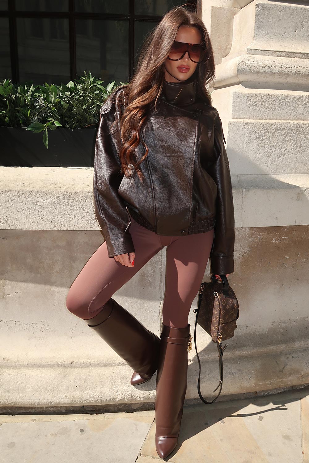 Faux Leather Funnel Neck Jacket Brown