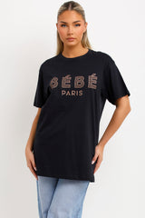 womens black oversized t shirt with babe paris slogan