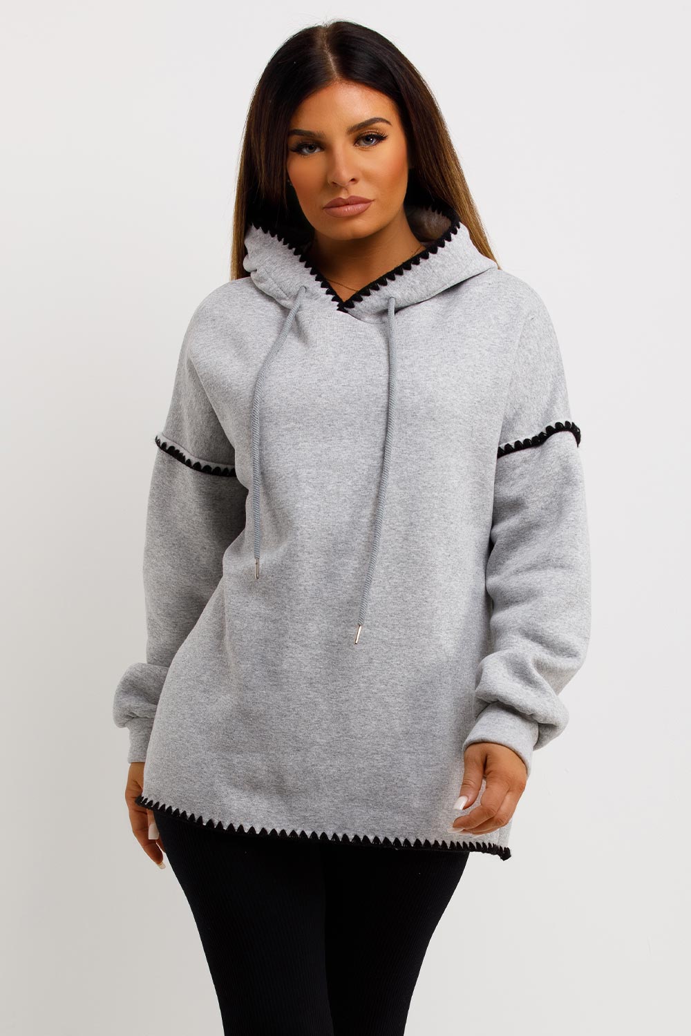 grey oversized hoodie with contrast stitches womens