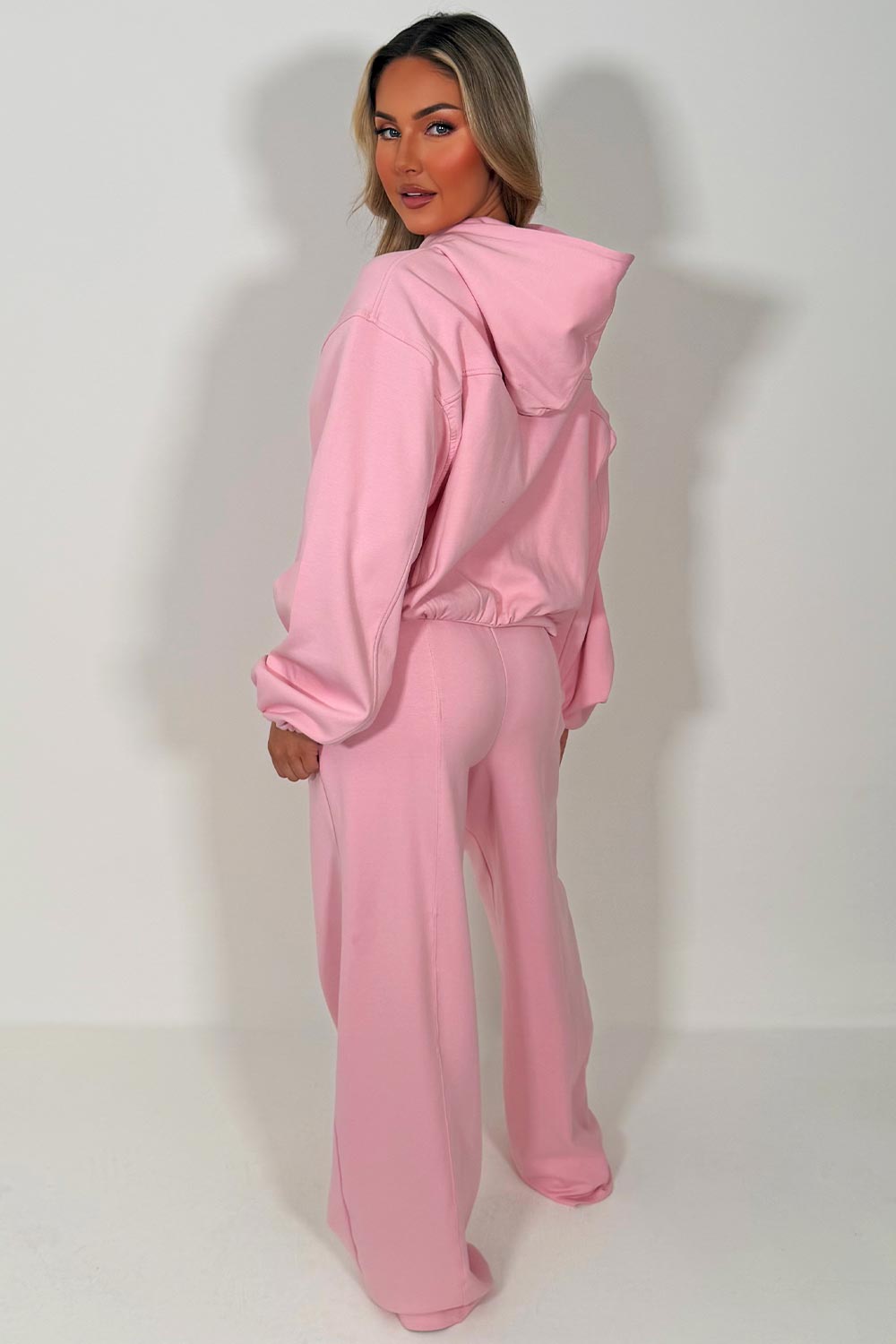 zara womens pink soft bomber jacket with zip elasticated hem and joggers tracksuit set airport outfit uk