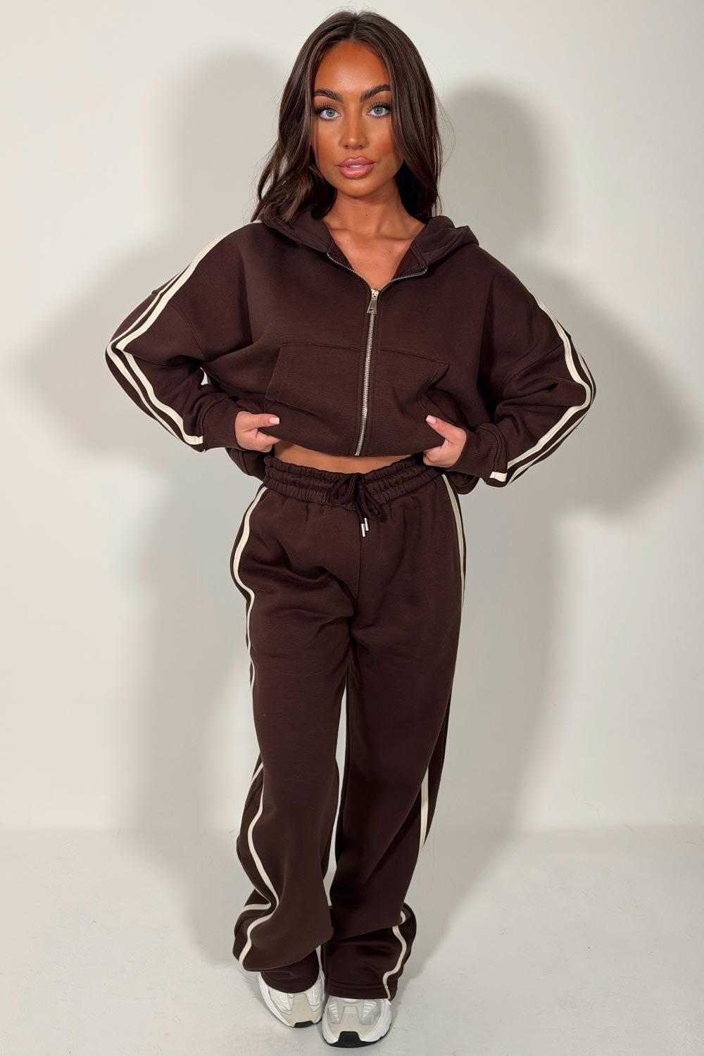 womens zip up hoodie and joggers casual loungewear brown co ord set airport outfit styledup