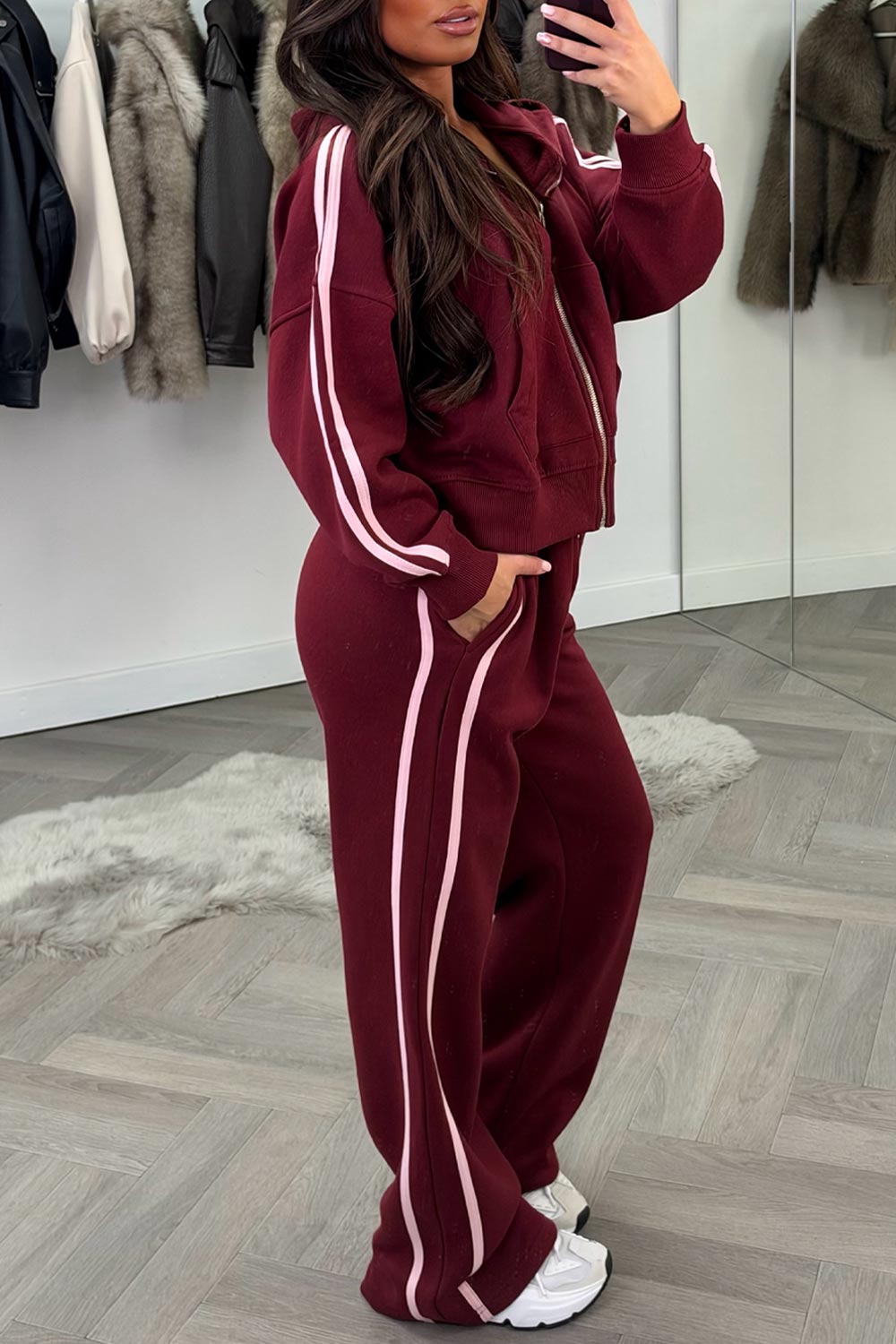 womens joggers and hoodie tracksuit set two piece travel in outfit burgundy styledup uk