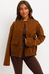womens faux suede bomber jacket with long sleeves styledup