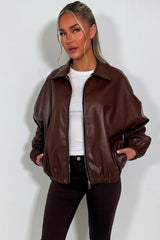 womens vegan leather bomber jacket long sleeves 