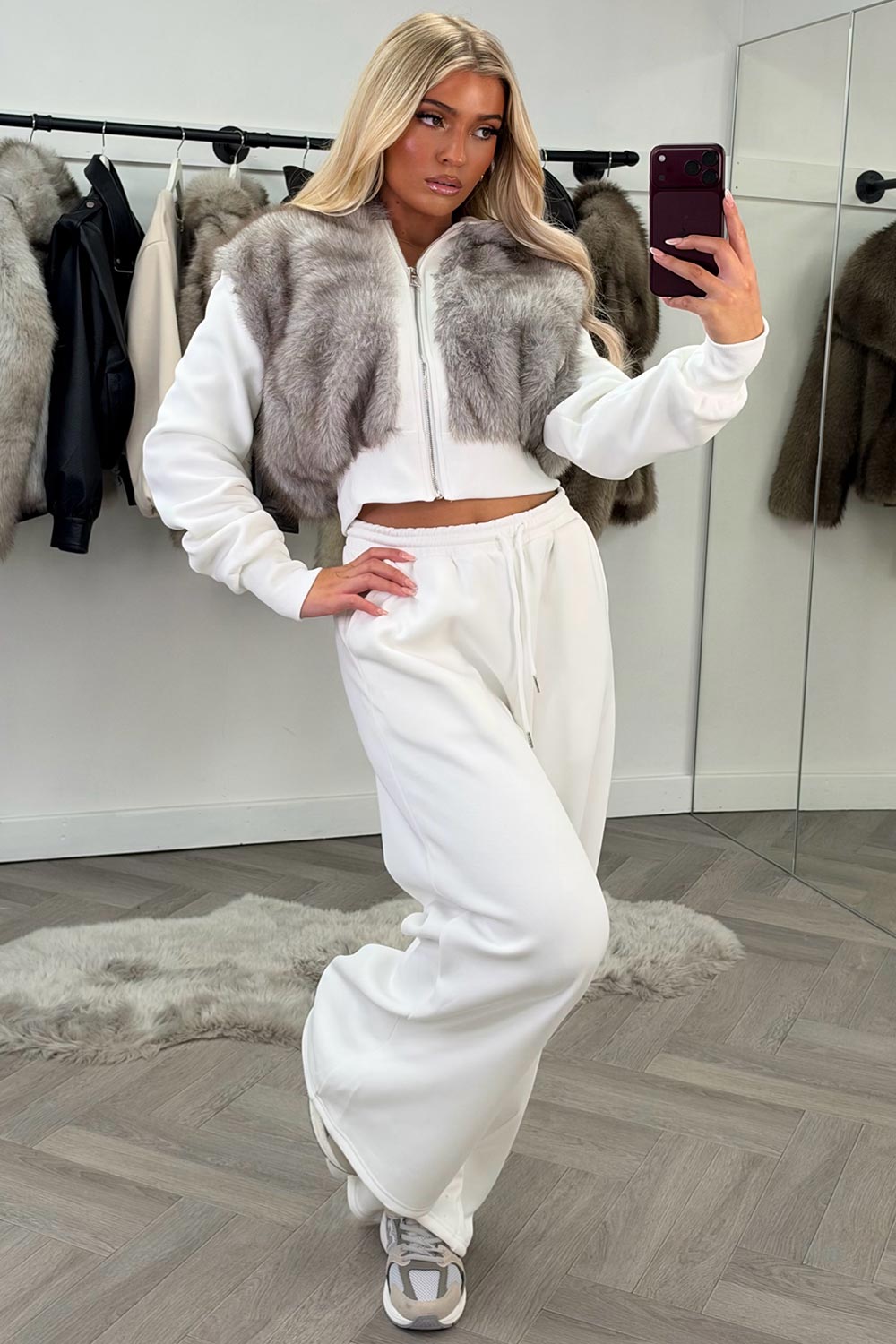 womens crop faux fur hoodie and wide leg joggers two piece co ord set styledup uk