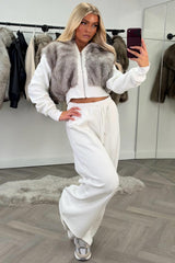 womens crop faux fur hoodie and wide leg joggers two piece co ord set styledup uk