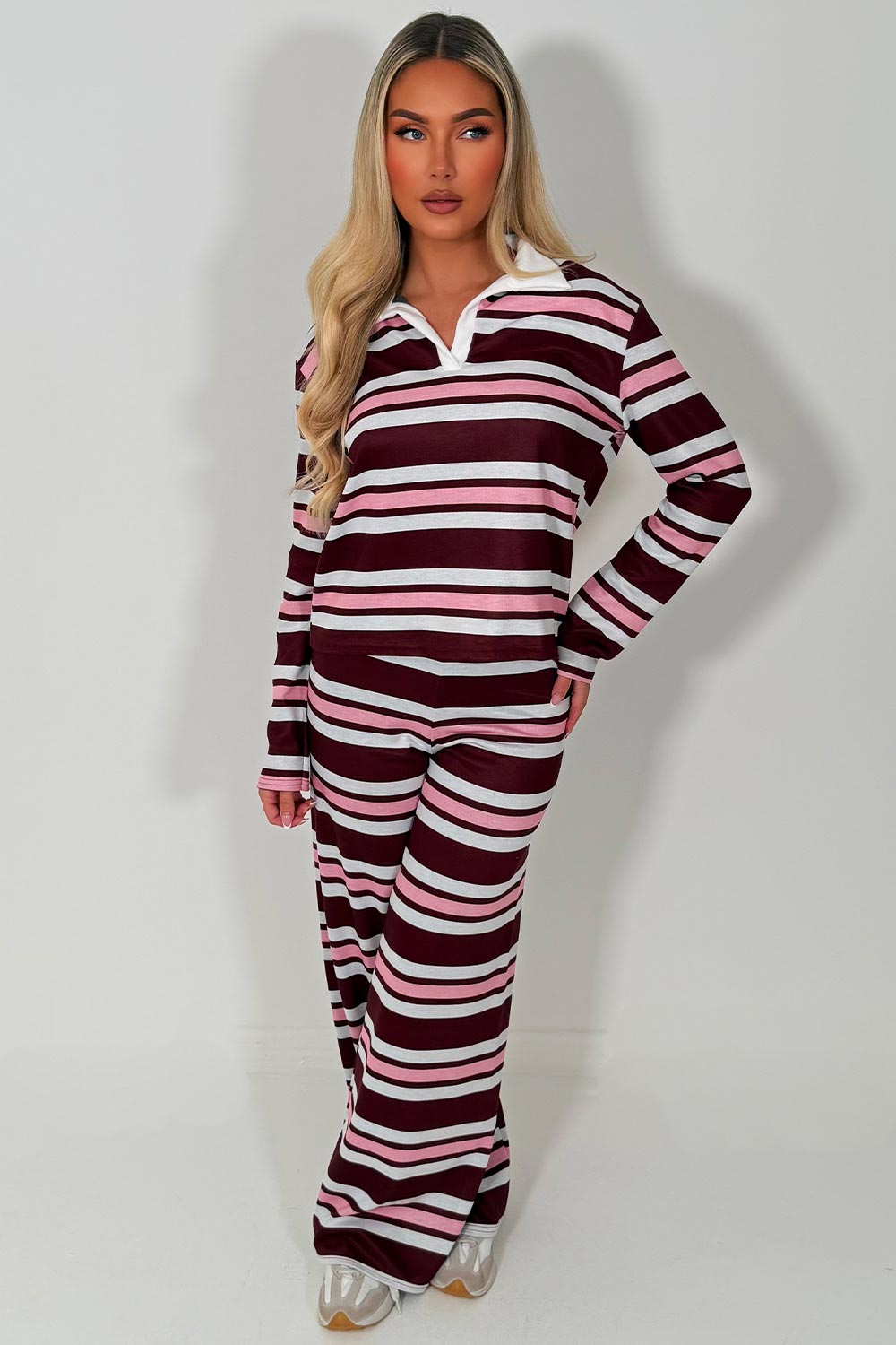 womens striped tracksuit with collar wide leg joggers airport outfit styledup uk 