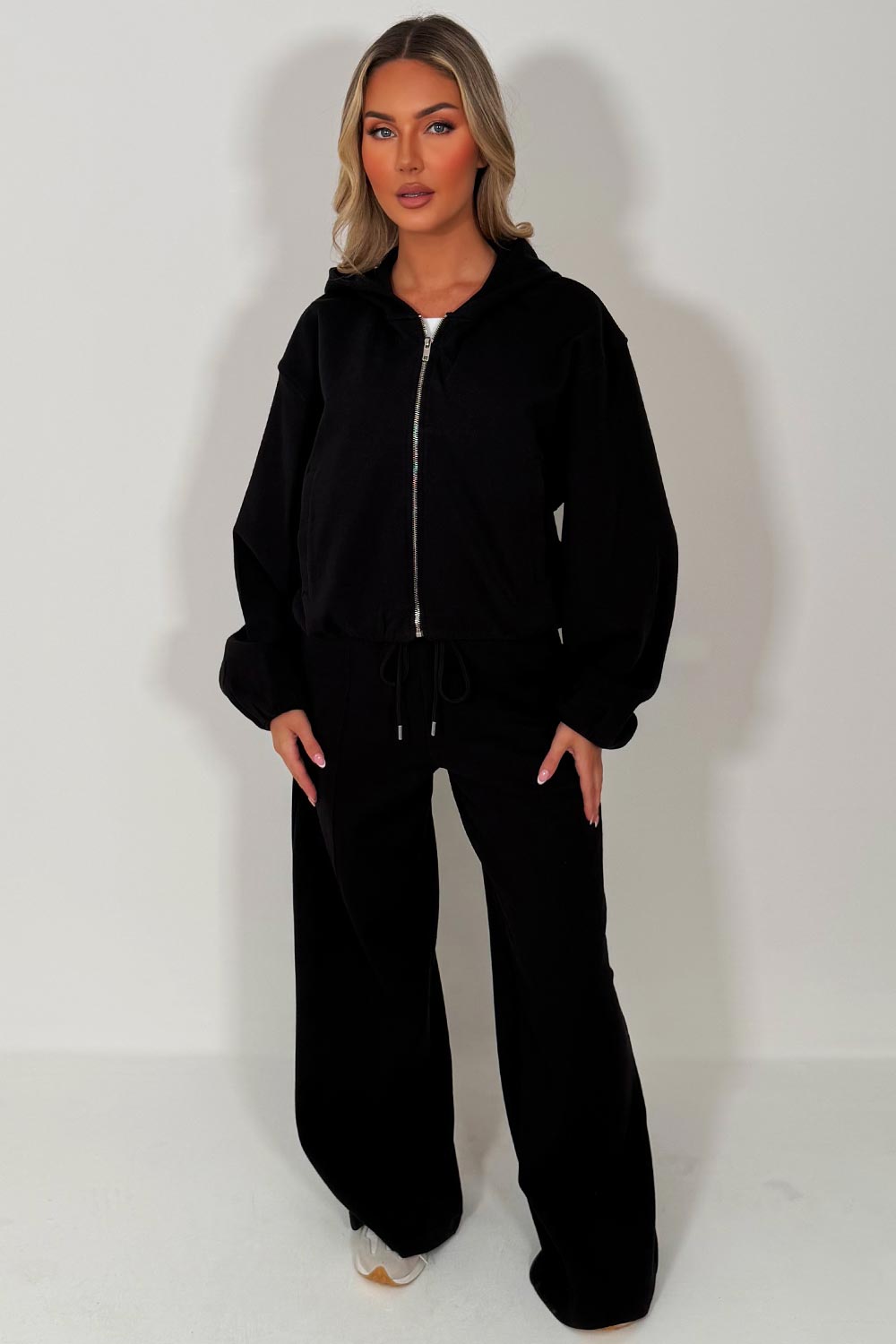womens zara black soft bomber jacket and joggers two piece loungewear tracksuit set