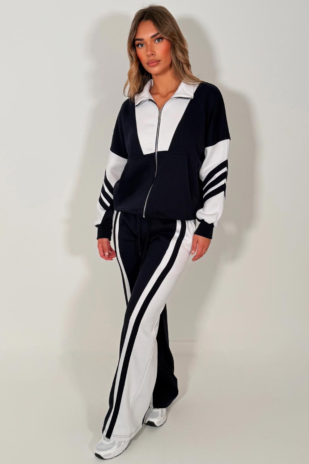 womens tracksuit stripe wide leg jogger & zip up sweatshirt top airport outfit with stripe detail casual outfit