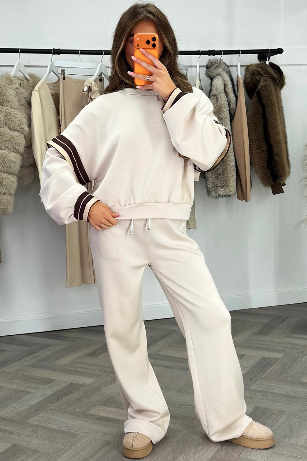 beige oversized sweatshirt and wide leg jogger tracksuit co ord for womens casual daily outfit comfortable soft fabric styledup