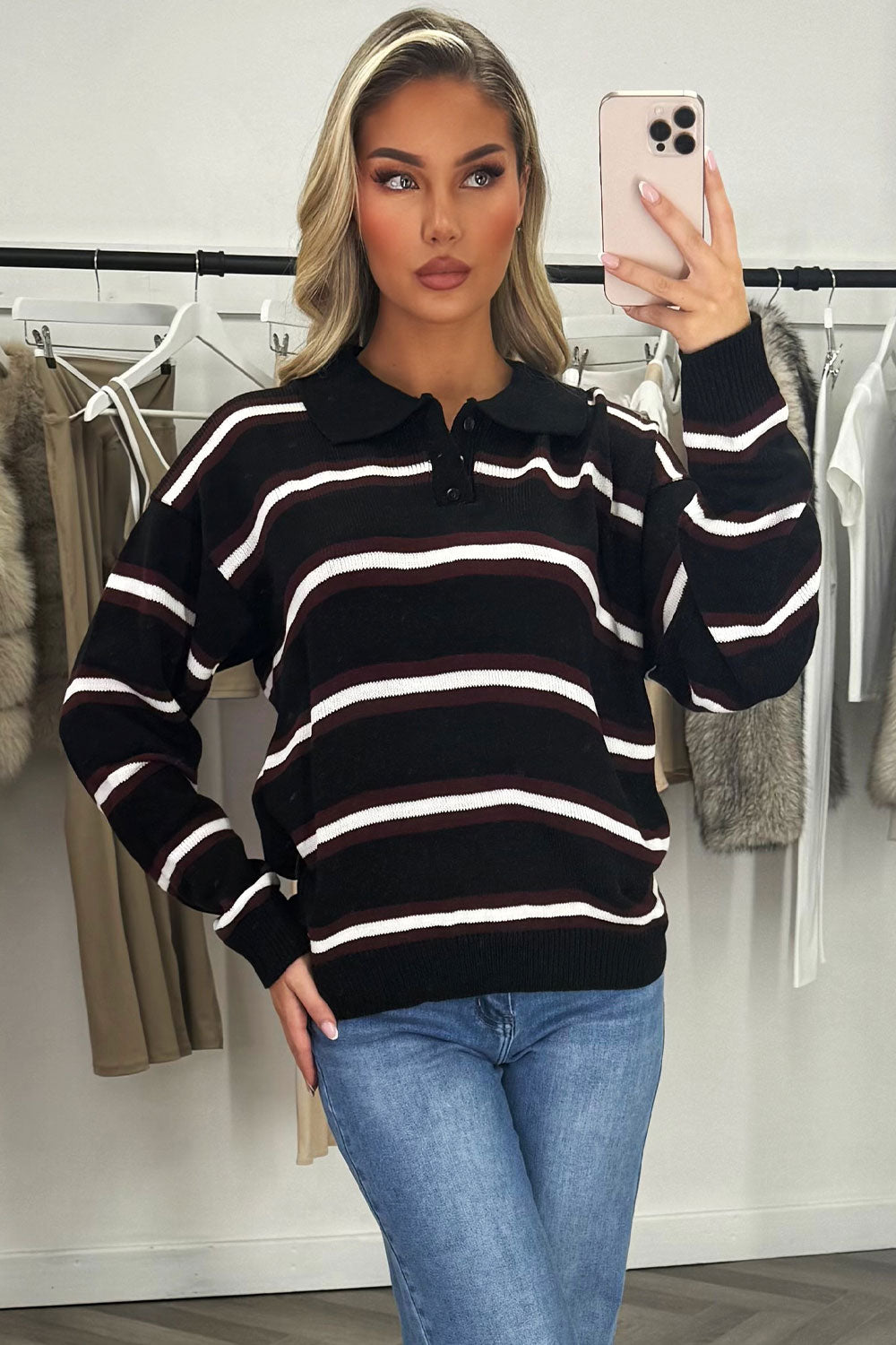 womens long sleeve stripe rugby jumper top styledup