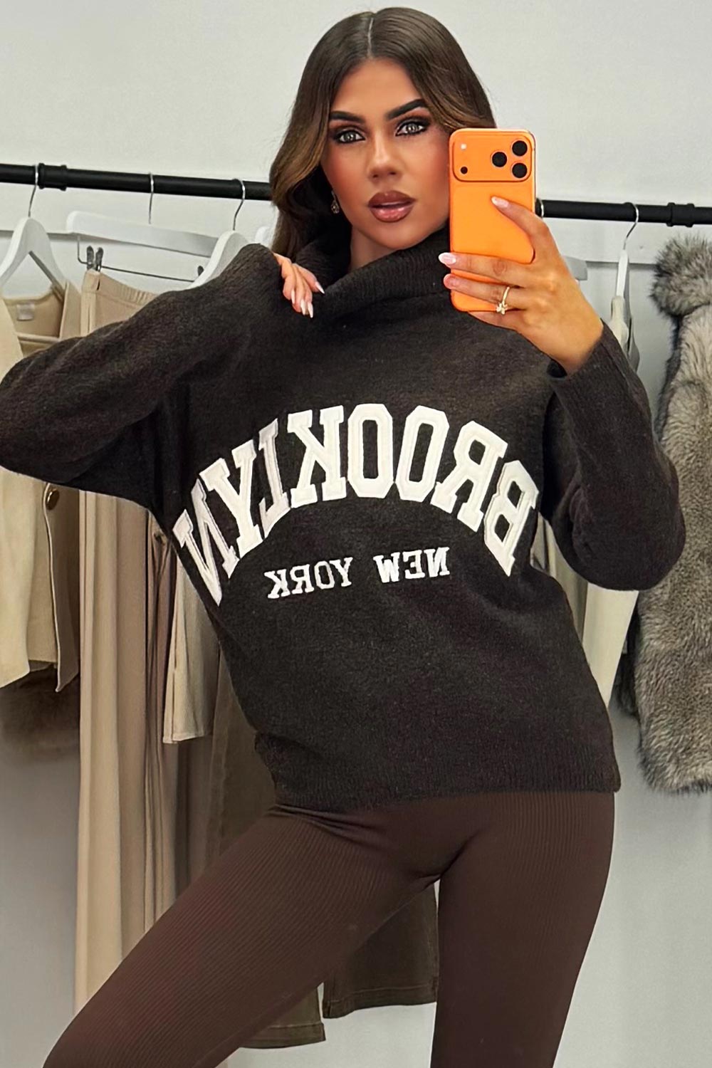 womens roll neck knitted jumper with brooklyn slogan styledup