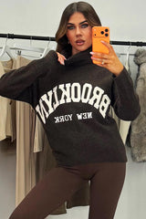 womens roll neck knitted jumper with brooklyn slogan styledup