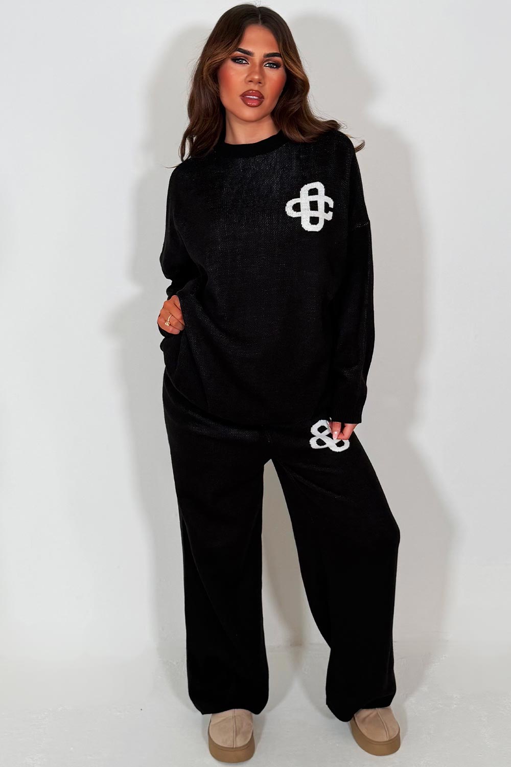 knitted loungewear co ord set black womens couture club 