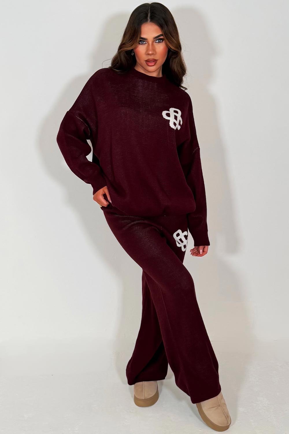 knitted loungewear co ord set burgundy womens couture club 