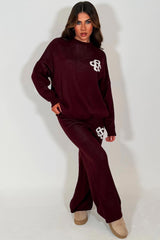 knitted loungewear co ord set burgundy womens couture club 