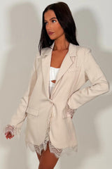 beige blazer with lace trim on cuff and hem occasion party festival outfit for summer styledup fashion