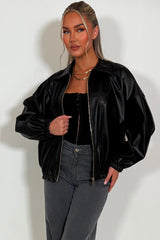 womens vegan leather bomber jacket long sleeves 