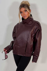 zara womens leather effect womens jacket with stand up collar burgundy uk