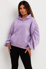 womens hooded sweathsirt with ruched gathered sleeves uk sale