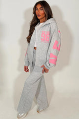 womens oversized zip up hooded sweatshirt and wide leg jogger loungewear set with new york athletic print styledup