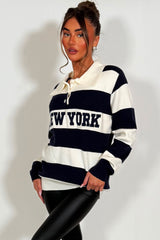 long sleeve knitted stripy jumper with collar and long sleeves for womens styled up 