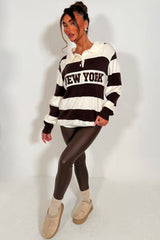 long sleeve knitted stripy jumper with collar and long sleeves for womens styled up 