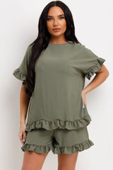 womens short sleeve frill ruffle blouse and shorts two piece set