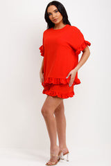 womens orange short sleeve frill ruffle blouse and shorts two piece set summer holiday outfit