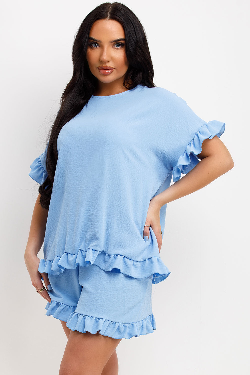 womens short sleeve frill ruffle blouse and shorts two piece set