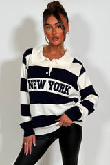 womens stripy jumper with New York slogan casual winter outfit styled up