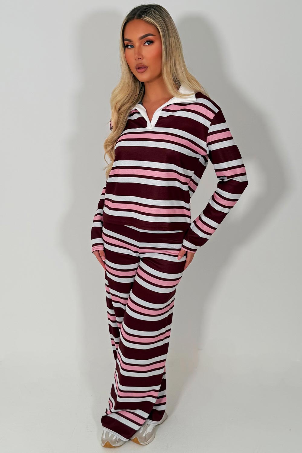 striped collared sweatshirt and wide leg joggers lounge set womens airport outfit set styledup 