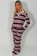 striped collared sweatshirt and wide leg joggers lounge set womens airport outfit set styledup 