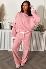 womens pink oversized drop shoulder sweatshirt and wide leg joggers two piece co ord tracksuit really soft premium quality 
