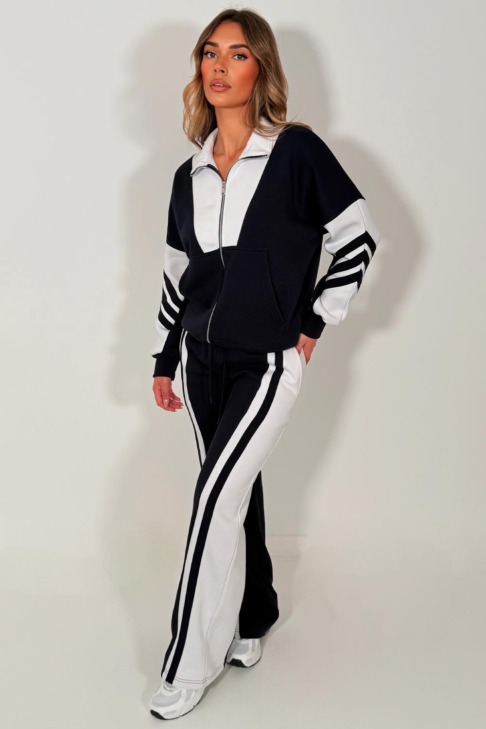 womens tracksuit zip up sweatshirt and wide leg jogger airport outfit really soft cosy premium cotton rich casual outfit from styledup fashion uk