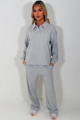 womens loungewear half button up front collared sweatshirt and joggers tracksuit set airport outfit