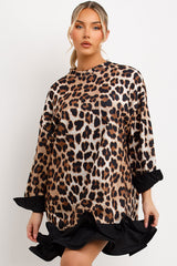 womens long sleeve oversized frill hem leopard print sweatshirt dress