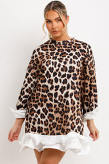 womens oversized leopard print sweatshirt dress with frill hem