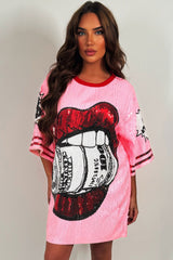 pink sequin lips oversized shirt dress christmas party outfit