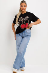 leopard print bow and cherry print t shirt womens