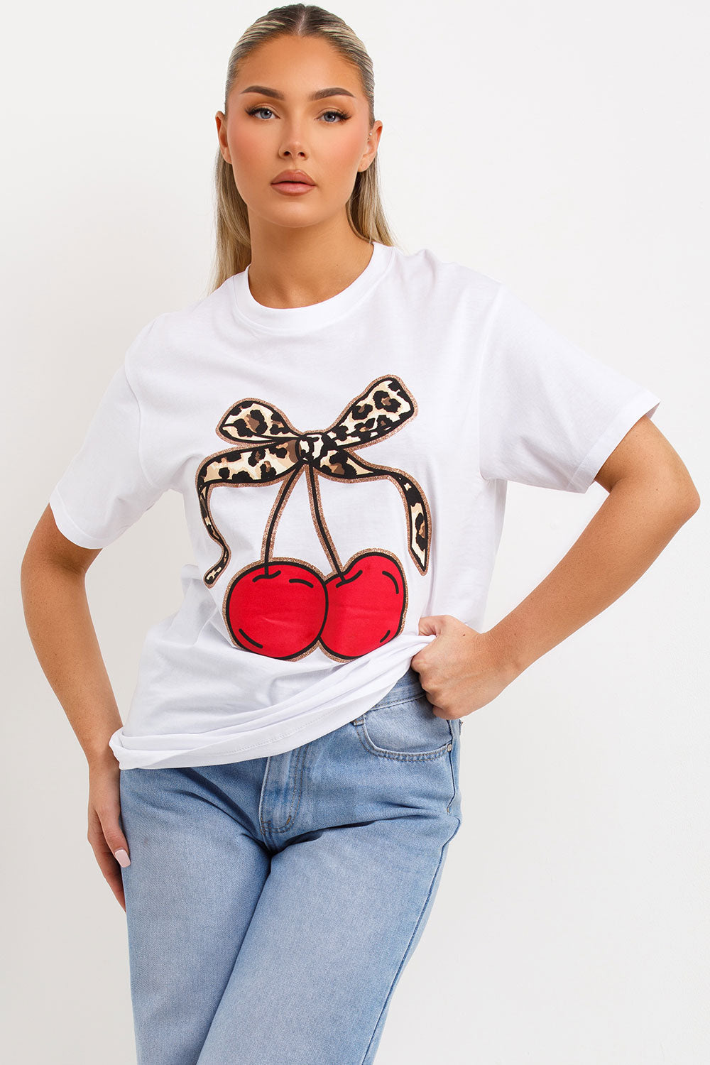 womens cherry t shirt with leopard print