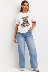 womens white oversized t shirt with leopard print teddy bear