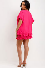 pink ruffle frilly shorts and blouse two piece set