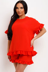 womens short sleeve frill ruffle blouse and shorts two piece set